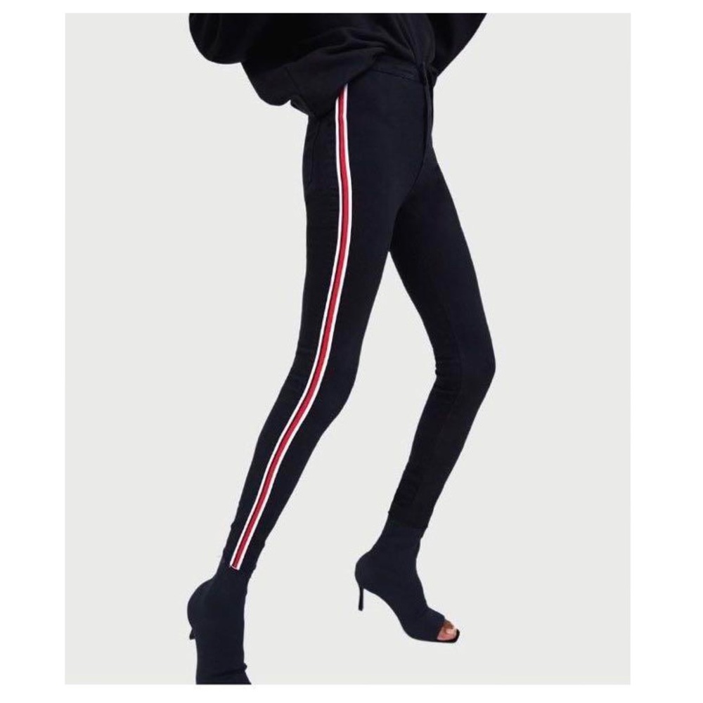 Zara High Waisted Skinny Jeans with Red Stripe